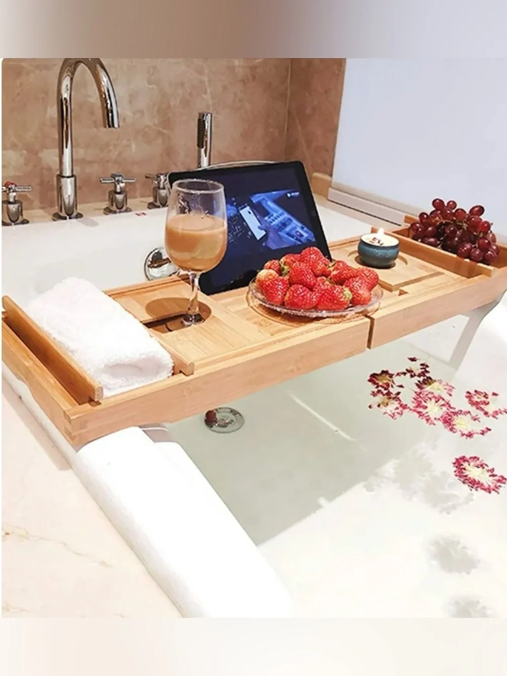 Bamboo Wood Adjustable Bathtub Caddy Tray With Book, Cellphone & Wine Holders